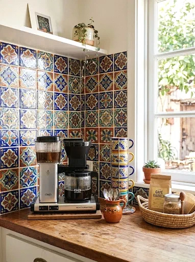 talavera tile backsplash coffee station