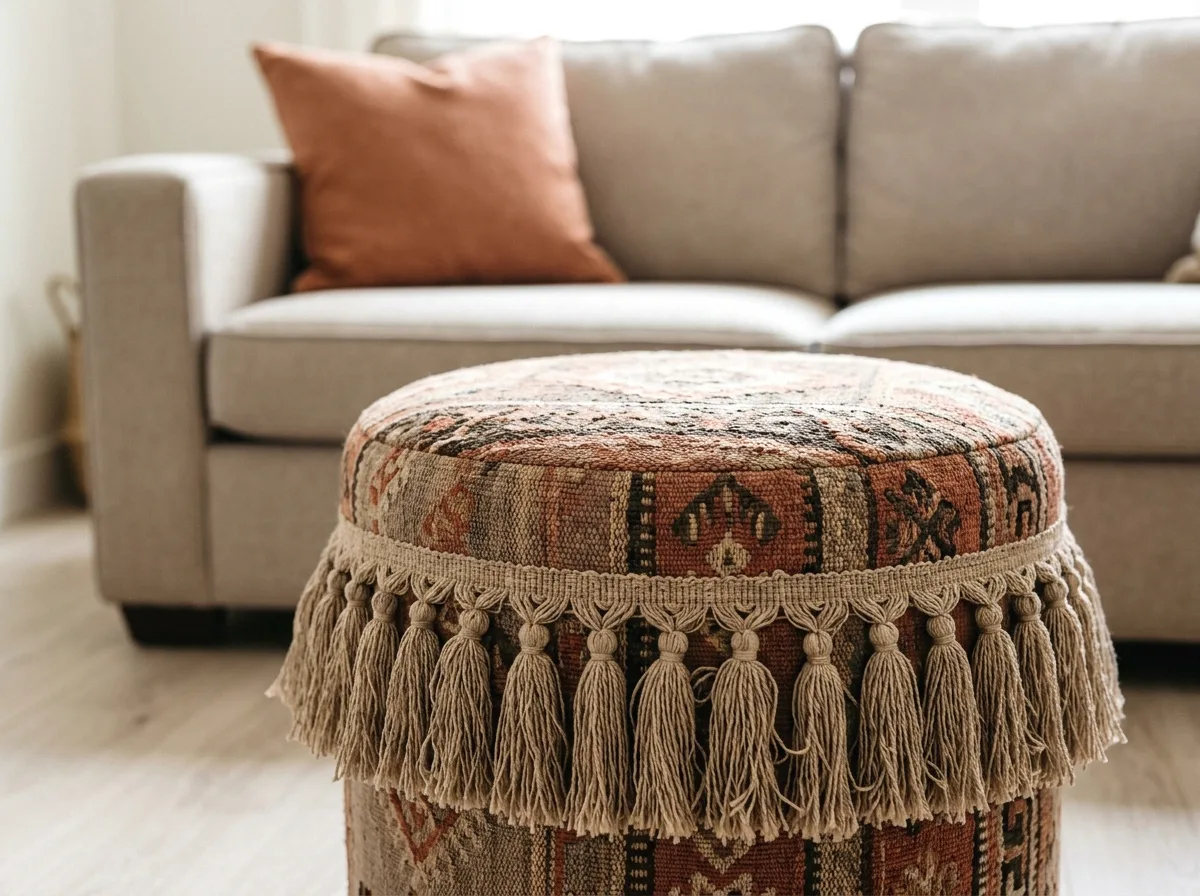 tasseled ottoman as a footrest statement