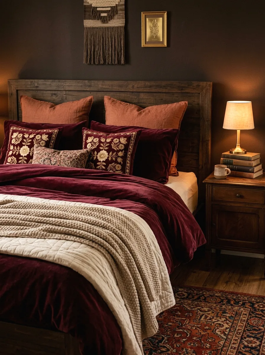 terracotta and burgundy velvet bedding