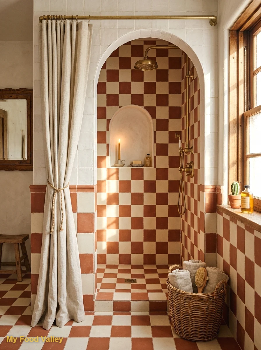 terracotta and cream checkerboard tiles