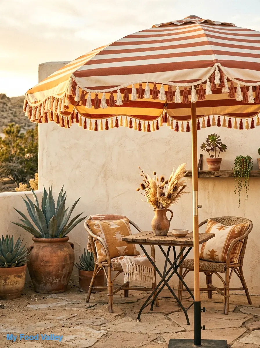 terracotta and cream striped umbrella with tassel trim
