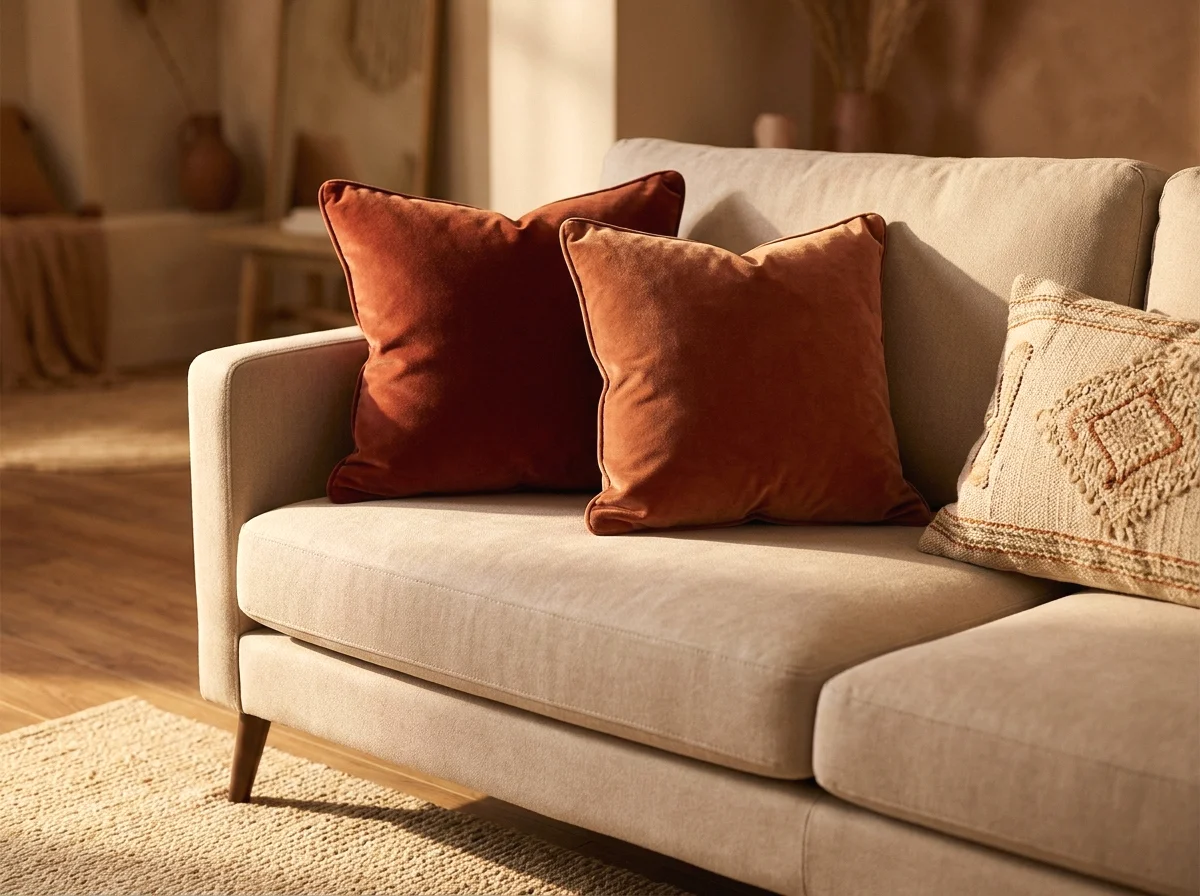 terracotta and rust velvet cushions