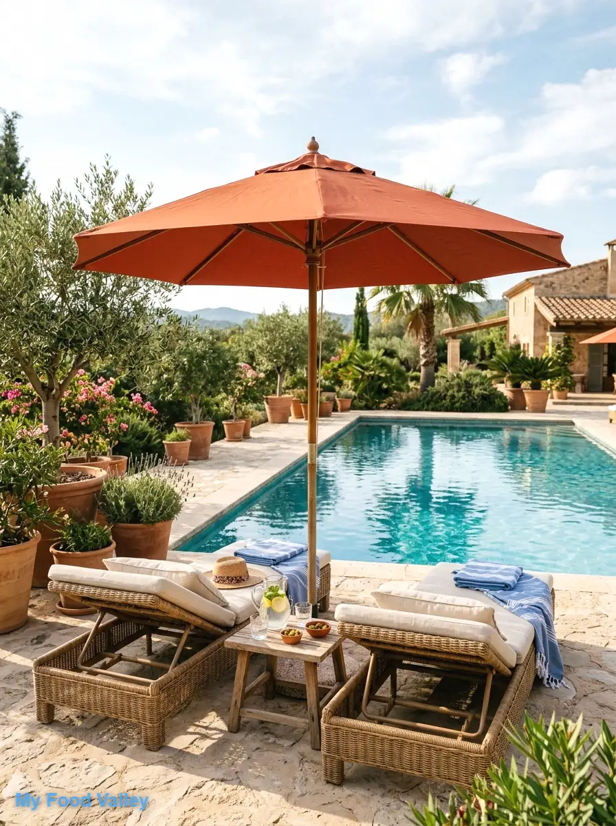 terracotta poolside umbrella with rattan loungers