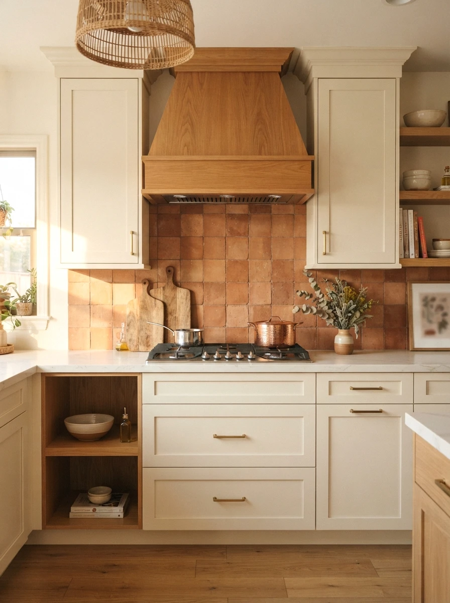 terracotta tile backsplash in warm earth tones