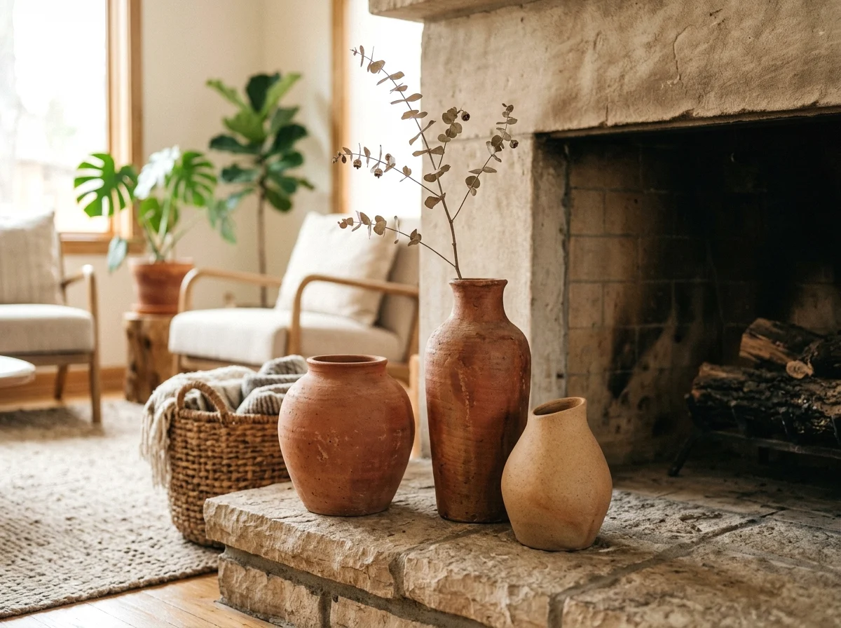 terracotta vase collection on the hearth