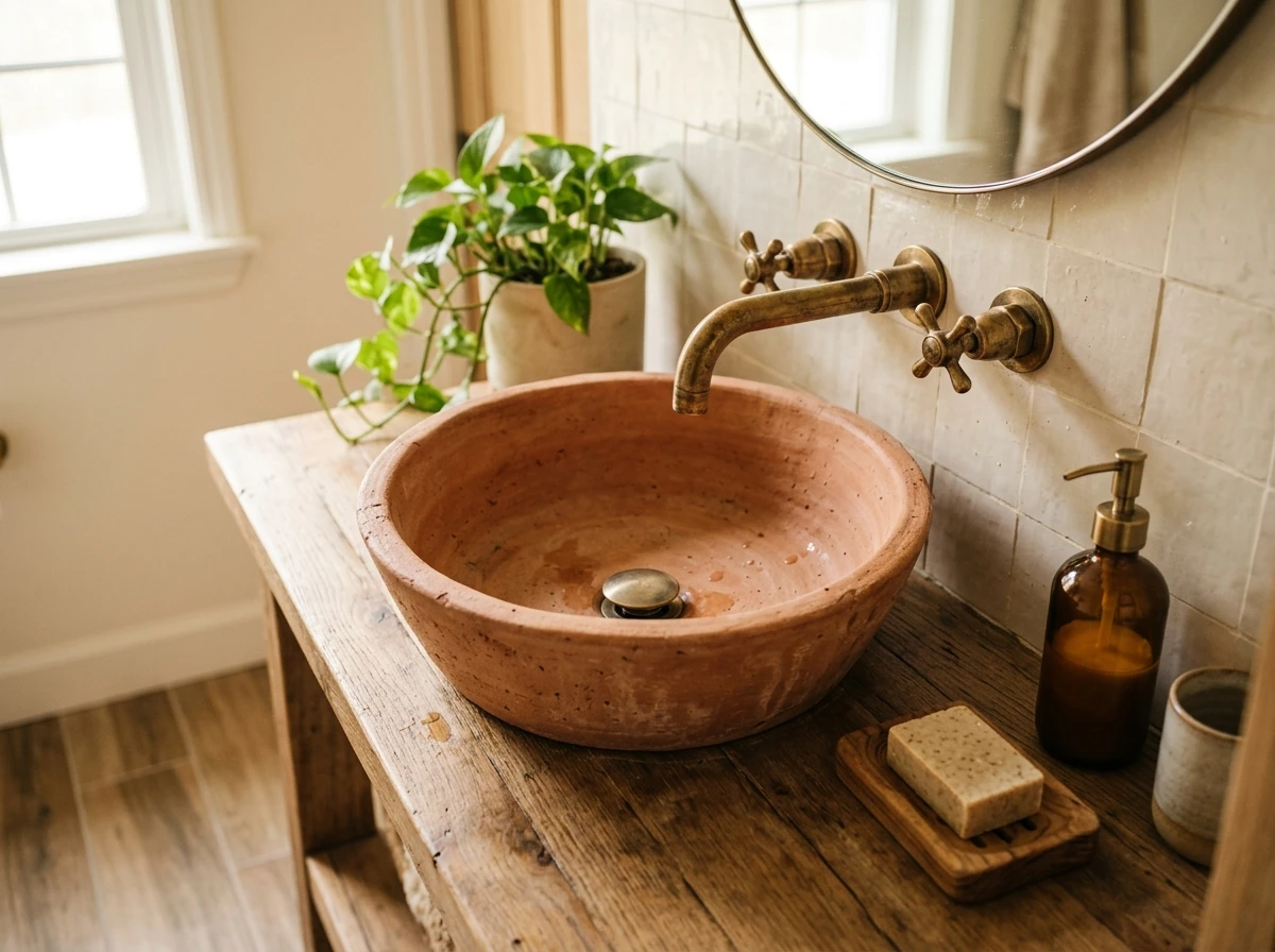 terracotta vessel sink with brass fixtures