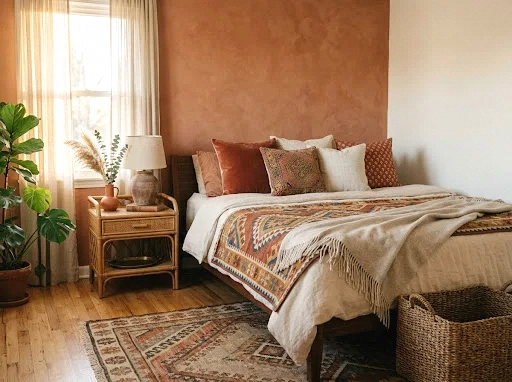 terracotta walls with layered vintage textiles