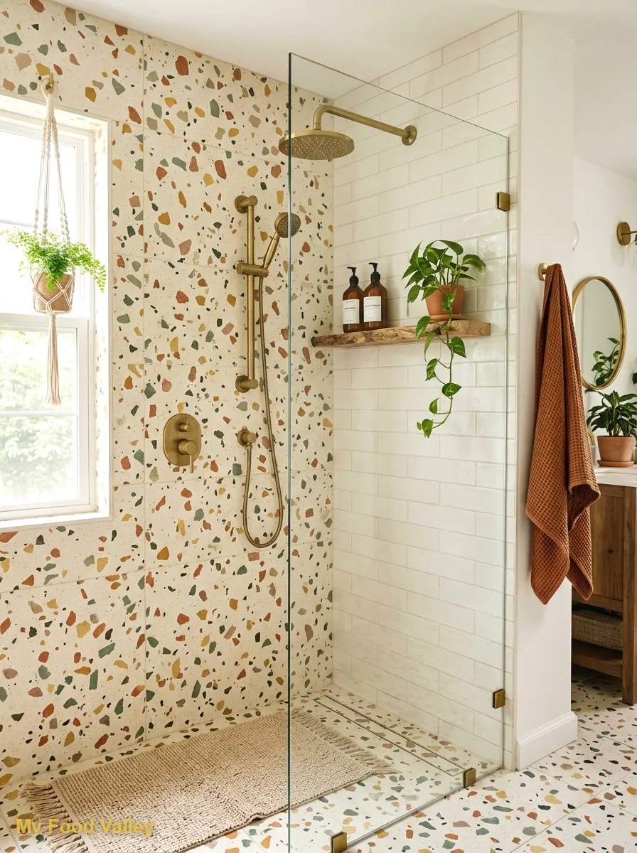 terrazzo-look tiles with earthy speckles