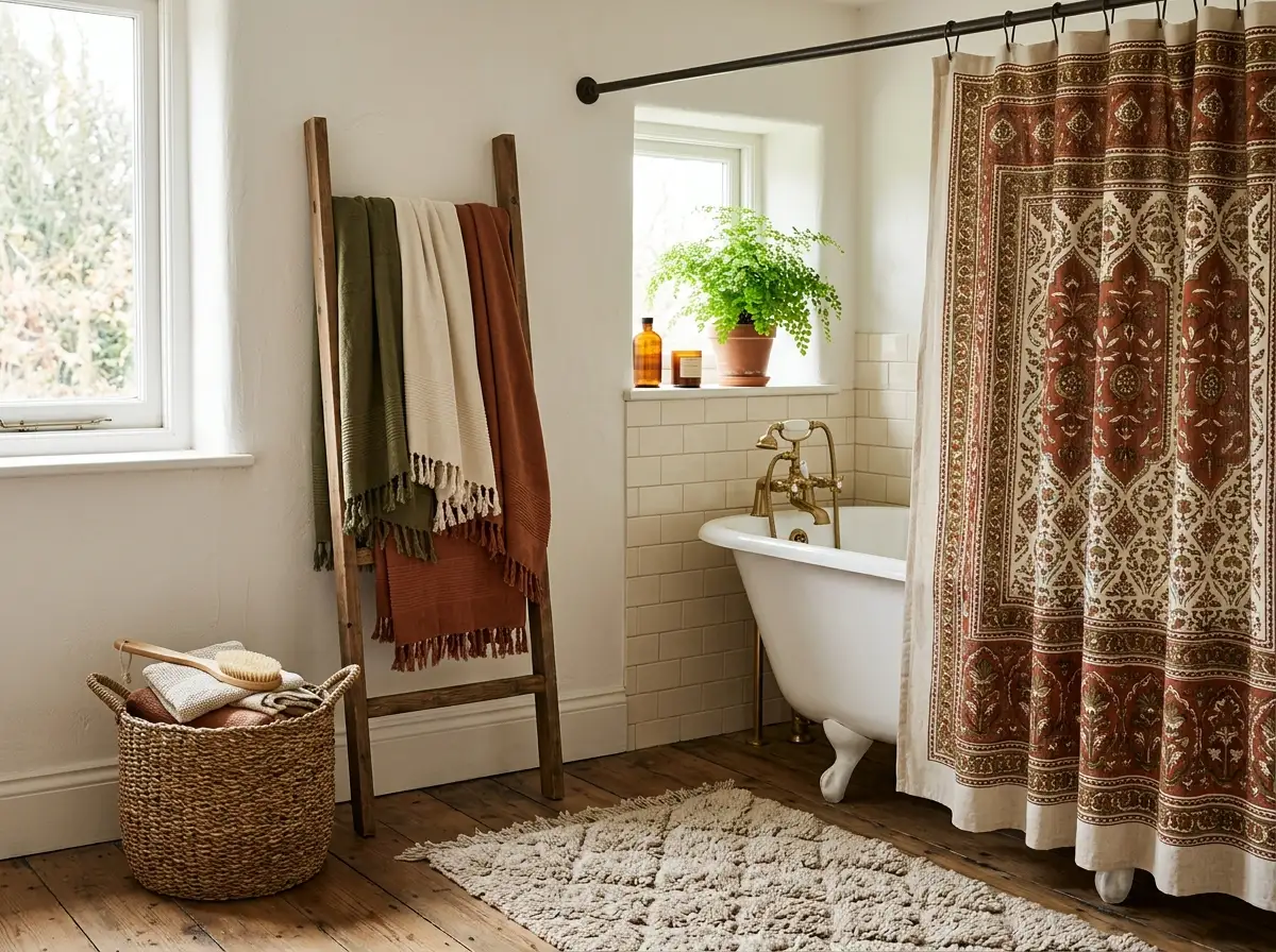 textured linens and a boho shower curtain