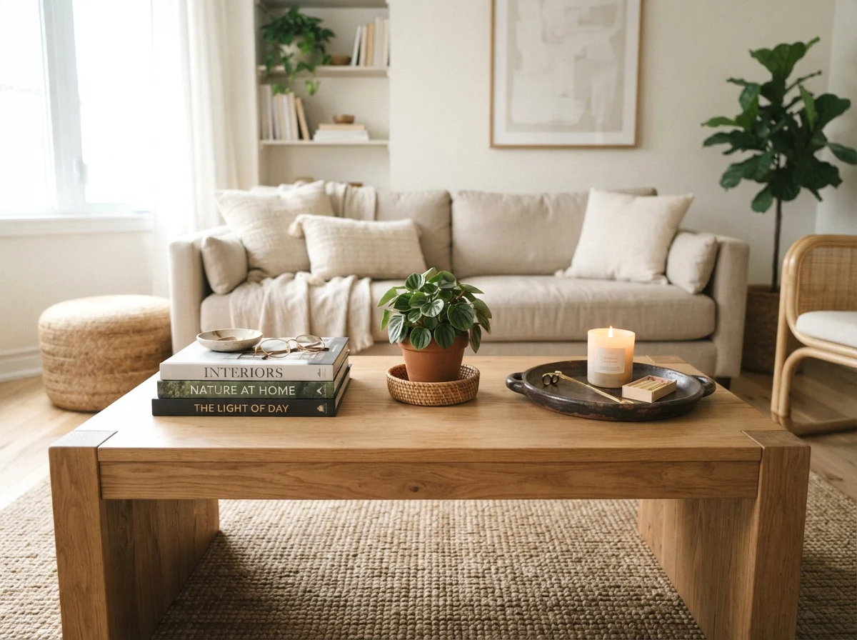 the classic rule of three: books, plant, and tray
