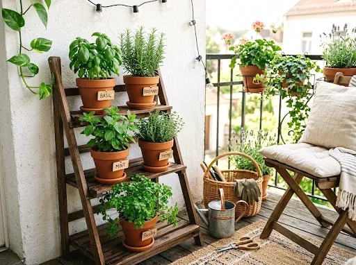 tiered herb garden shelf in clay pots