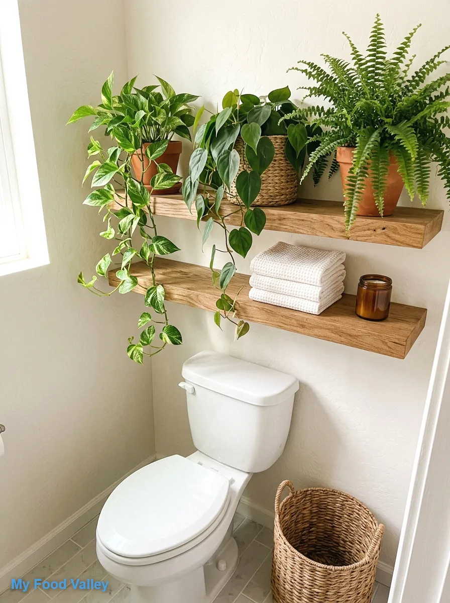 trailing plants on a floating shelf above the toilet