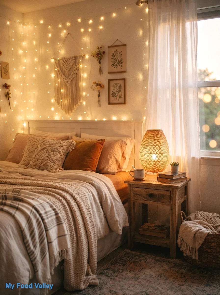 twinkle lights and a rattan lamp for a soft glow