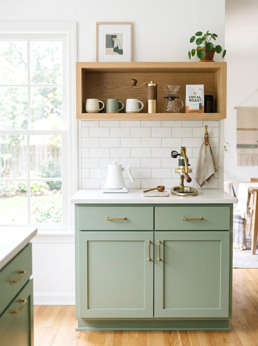 two-tone green and white cabinets