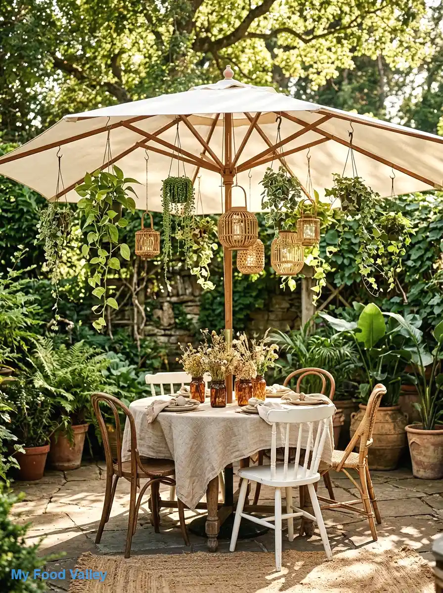 umbrella as a garden hub with hanging plants and lanterns