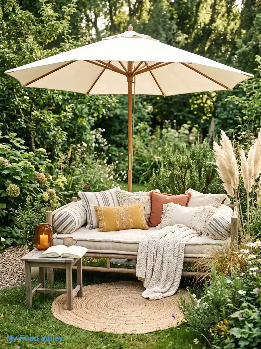 umbrella over a cushioned daybed nook