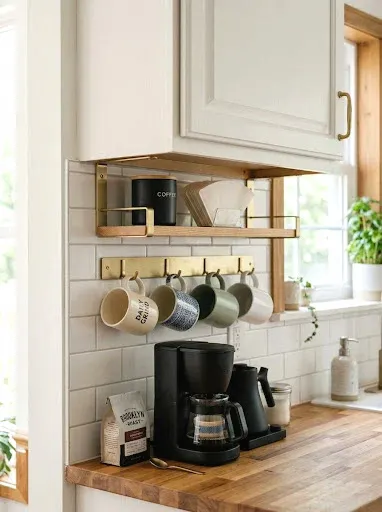 under-cabinet mug rack with micro shelf
