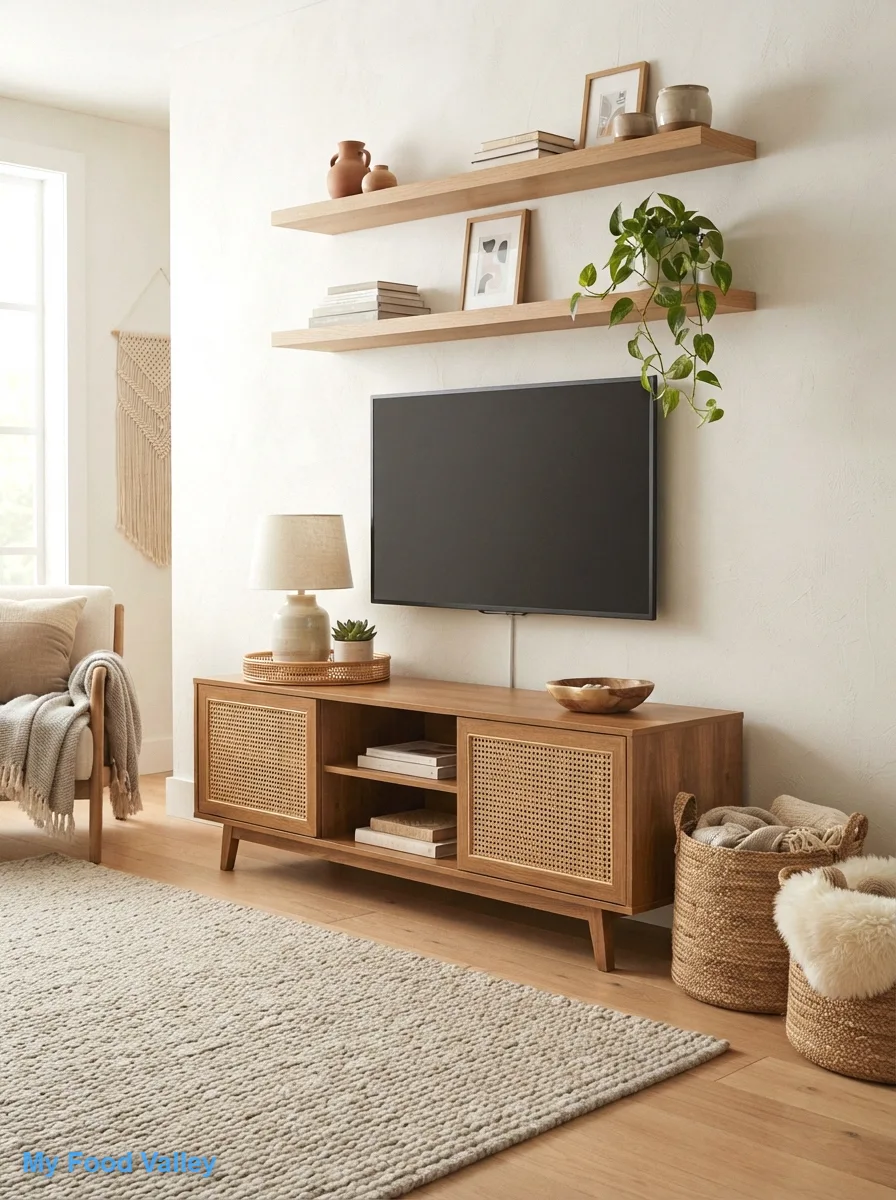 use a cane media console and open shelving