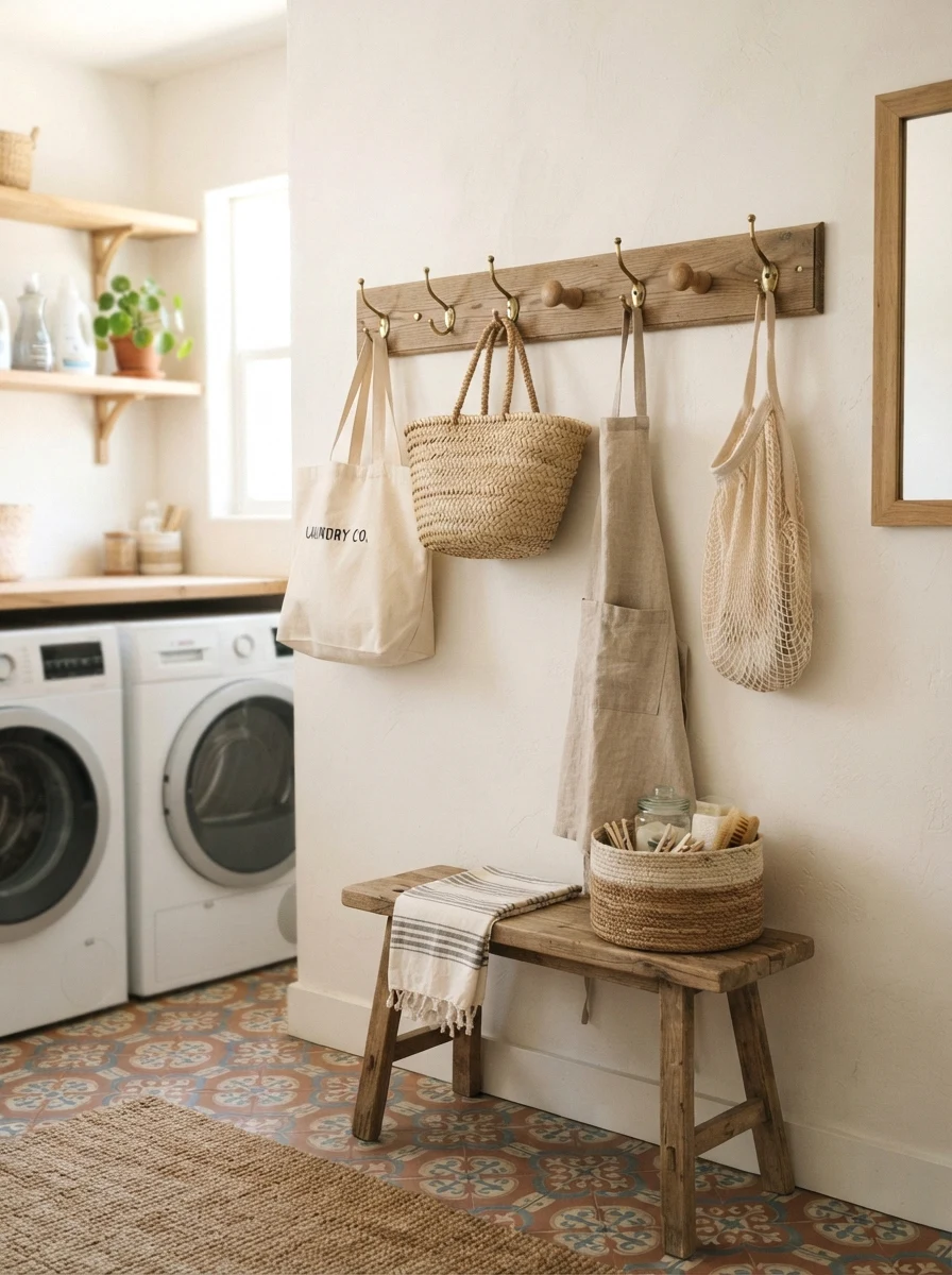 use brass hooks and wooden pegs