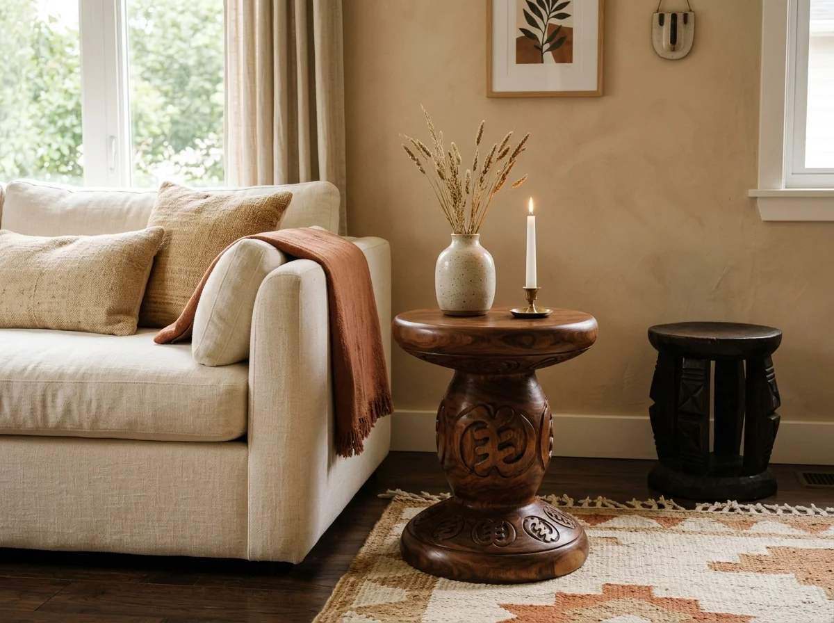 use carved wooden stools as side tables