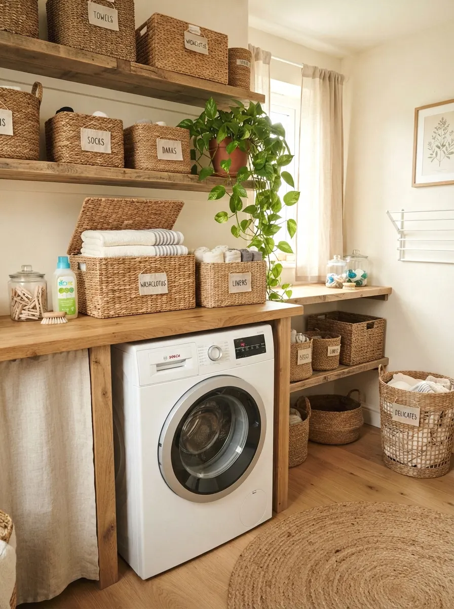 use woven baskets for sorting and storage