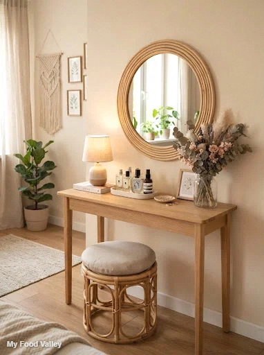 vanity corner with a rattan stool and round mirror