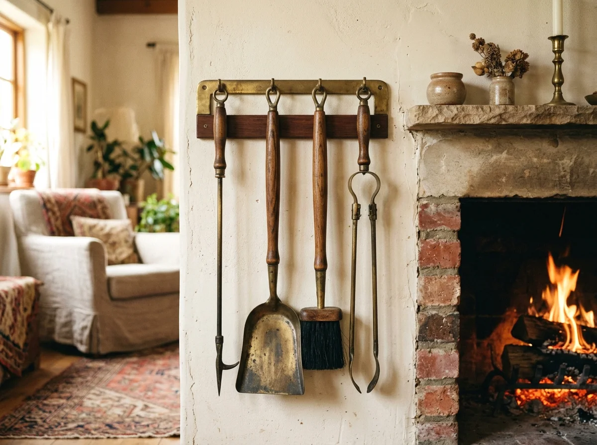 vintage brass and wood fireplace tools