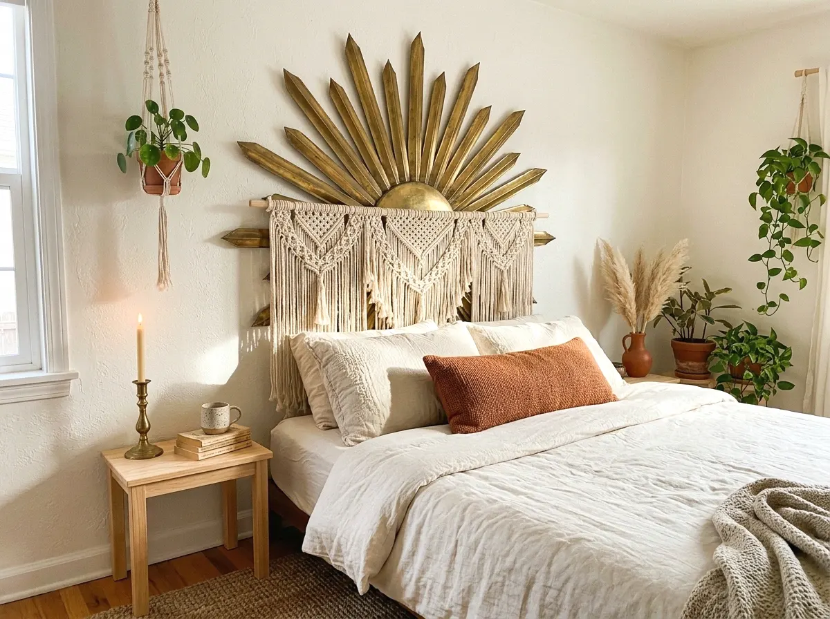 vintage brass sunburst and macrame combo headboard