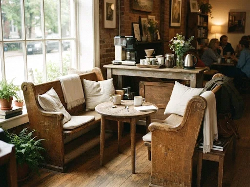 vintage church pew bench seating coffee corner
