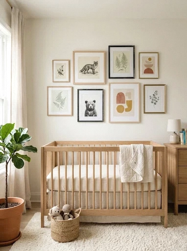 vintage gallery wall in a boho nursery