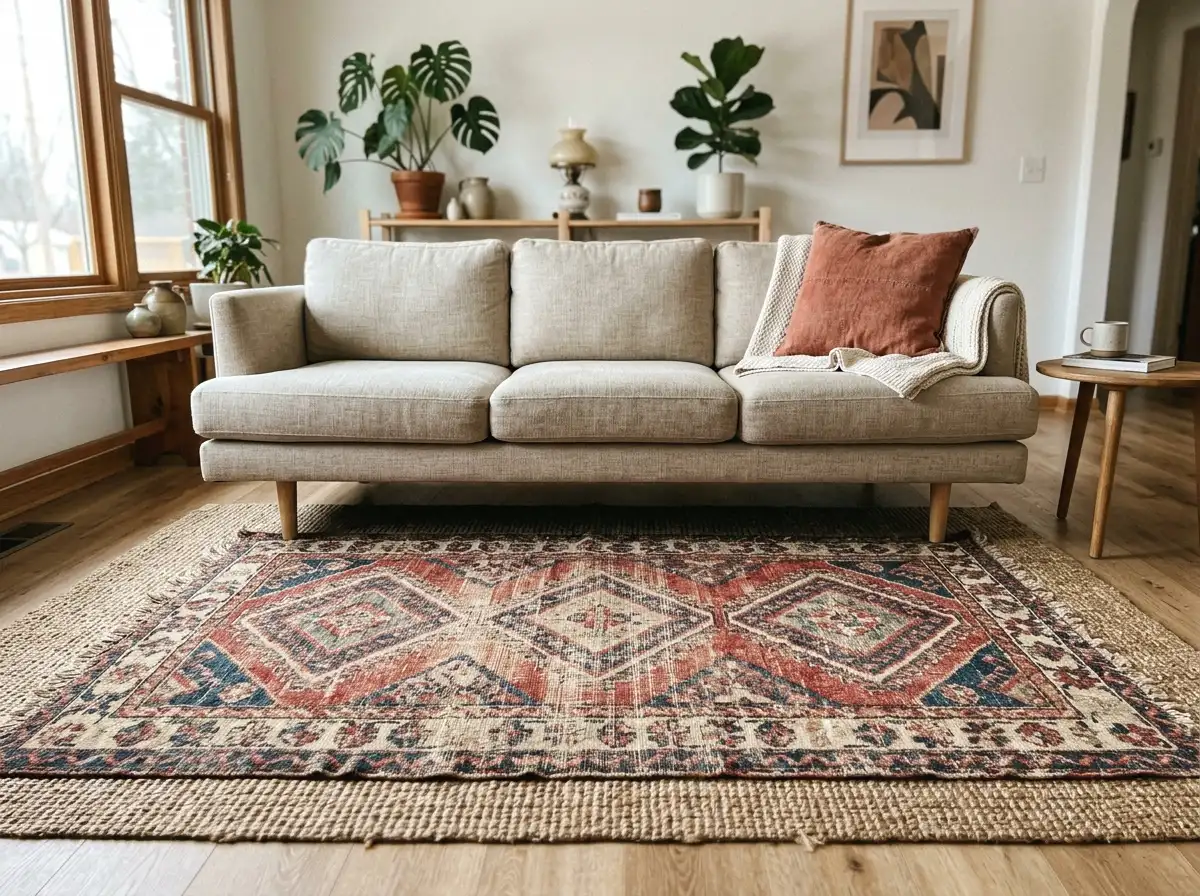 vintage kilim rug layered beneath a neutral couch