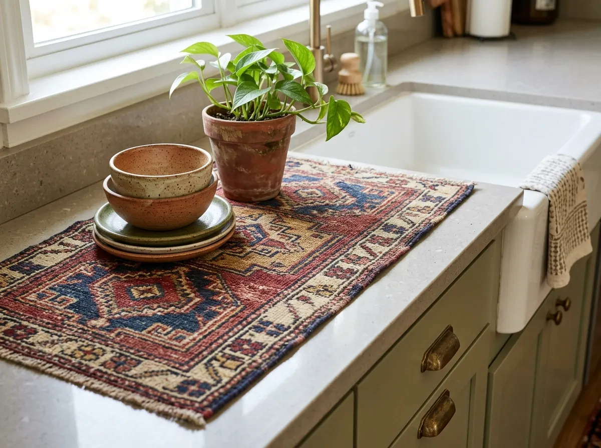 vintage kilim runner along the sink counter