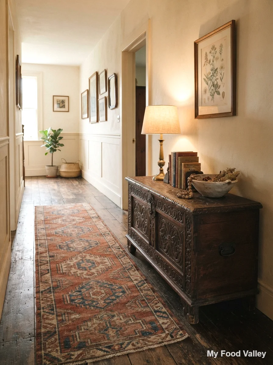 vintage kilim runner and antique chest