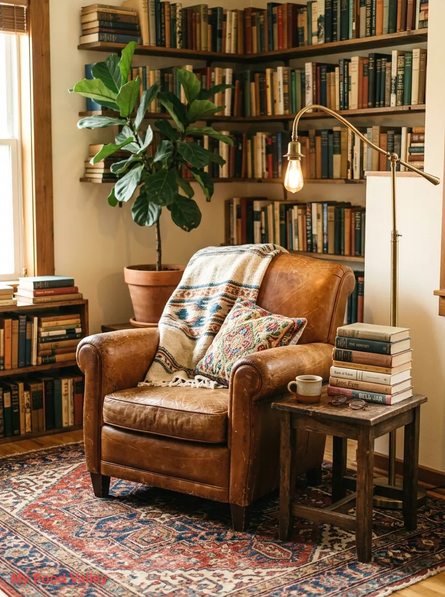 vintage leather chair with kilim rug