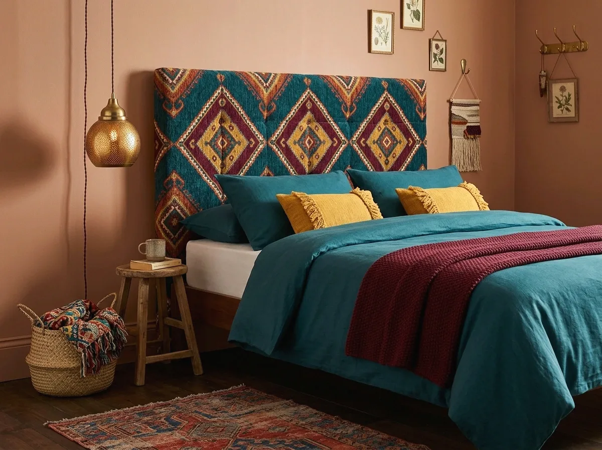 vintage moroccan print upholstered headboard