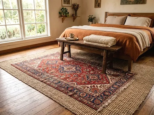 vintage persian rug layered over jute