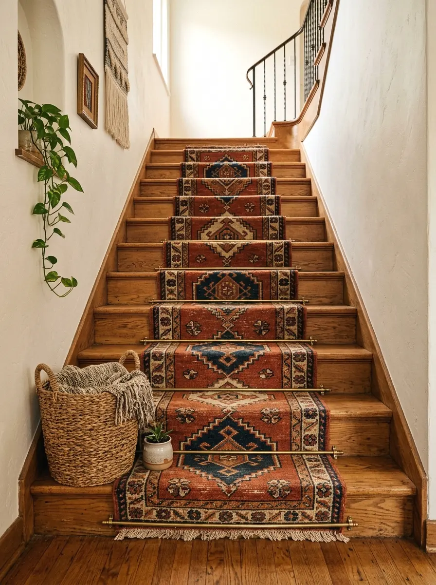 vintage runner rug up the steps