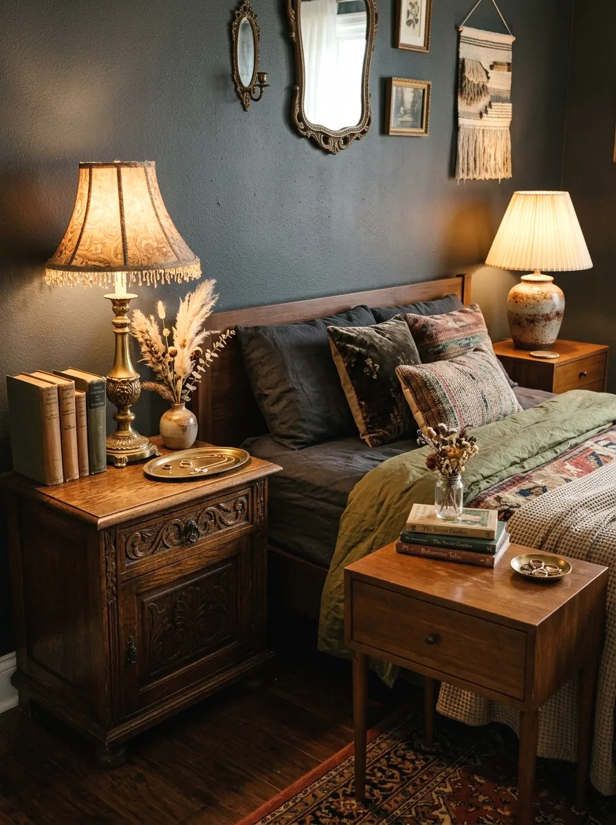 vintage wood nightstands and mismatched lamps