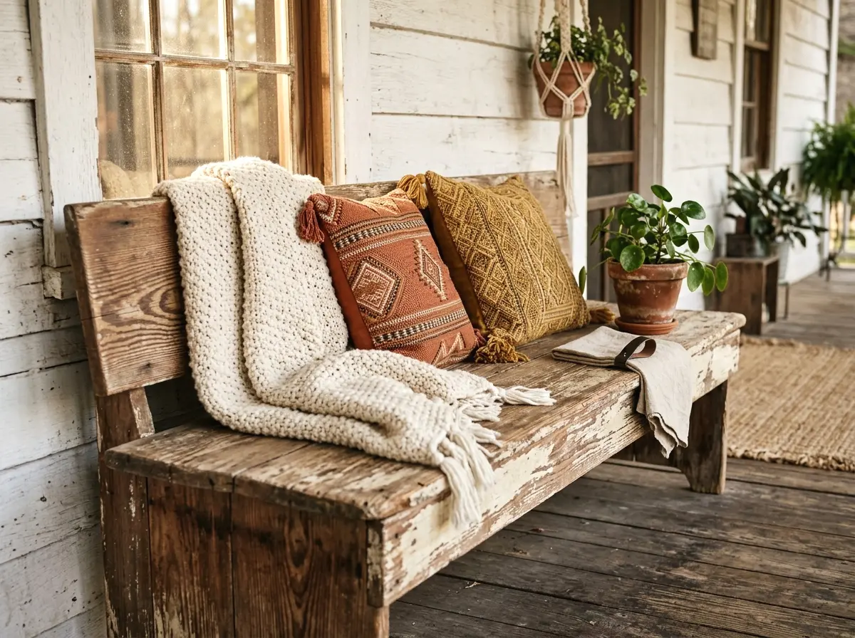 vintage wooden bench with textured throws