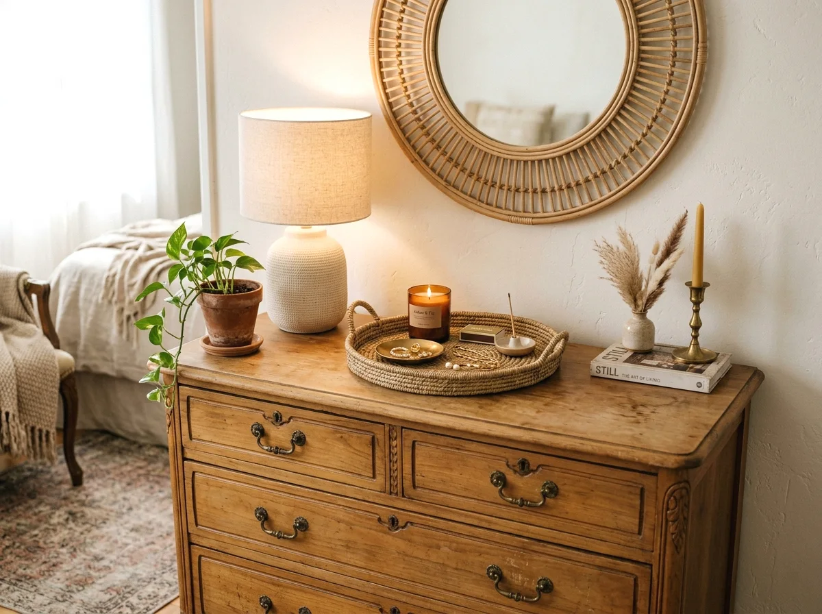 vintage wooden dresser with a styled vignette