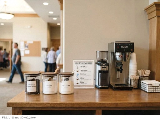 volunteer-friendly label & signage coffee station