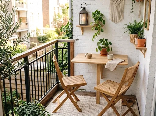 wall-mounted drop-leaf table for tiny balconies