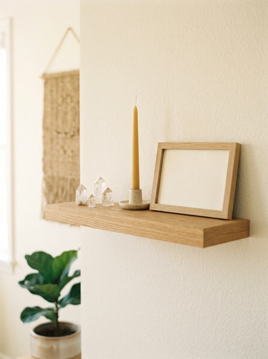 wall-mounted wood shelf for crystals or small objects