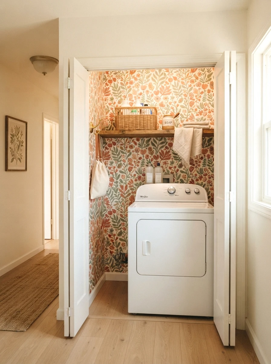 wallpaper a laundry closet in bold boho pattern
