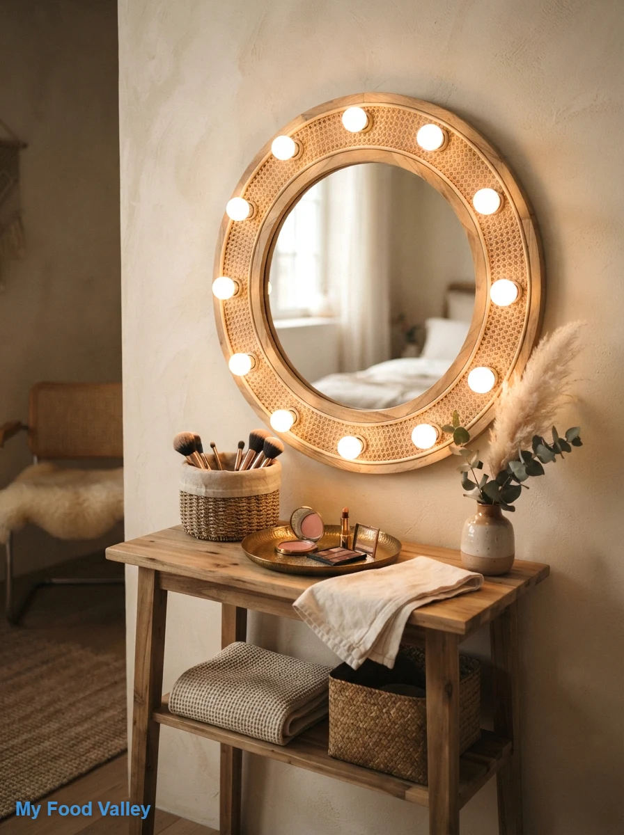 warm-bulb lighting around a woven-frame mirror
