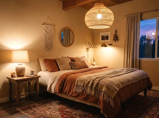 warm lighting layers with rattan and brass