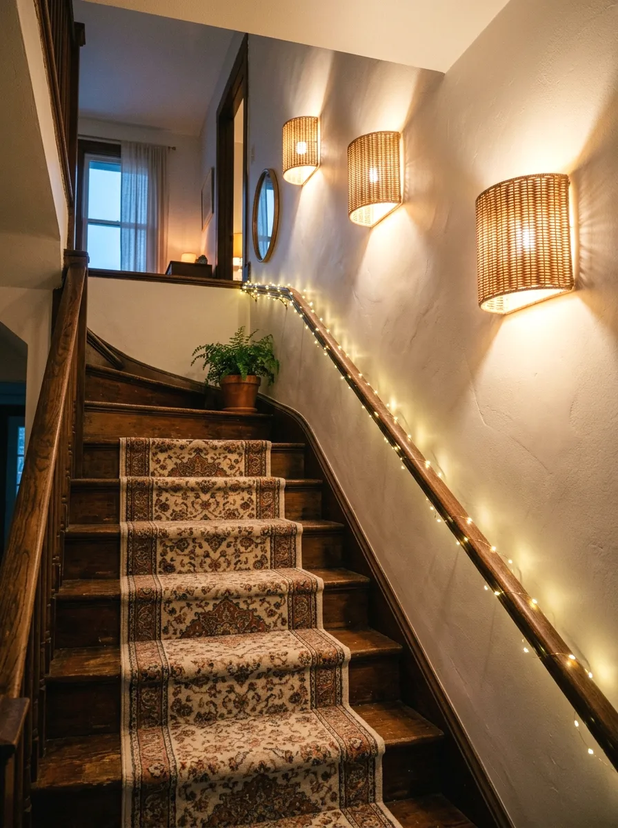 warm sconces and fairy lights along the steps