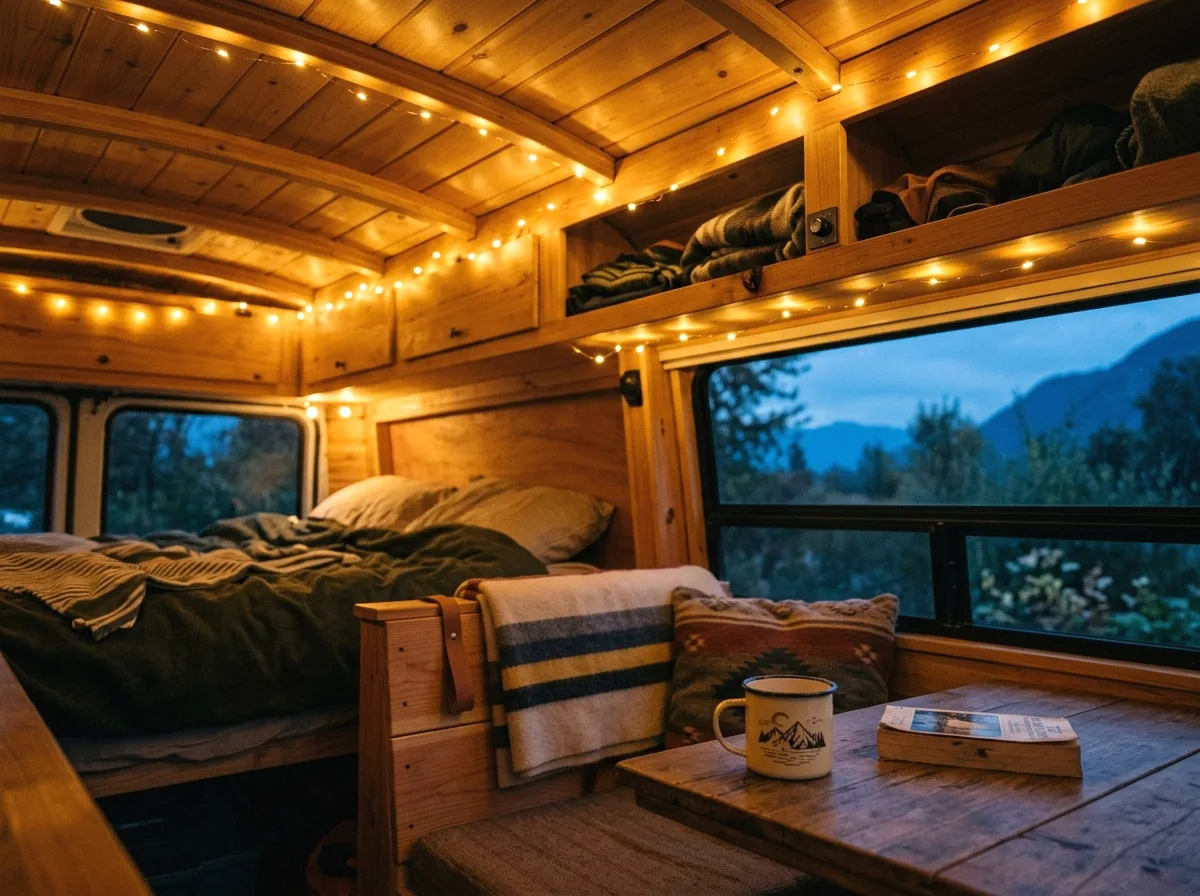 warm string lights along the ceiling beams