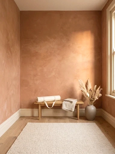 warm terracotta and earth-tone walls that wrap the room in calm