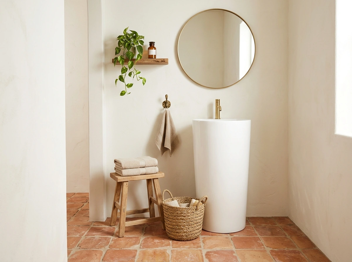 warm terracotta tile bathroom